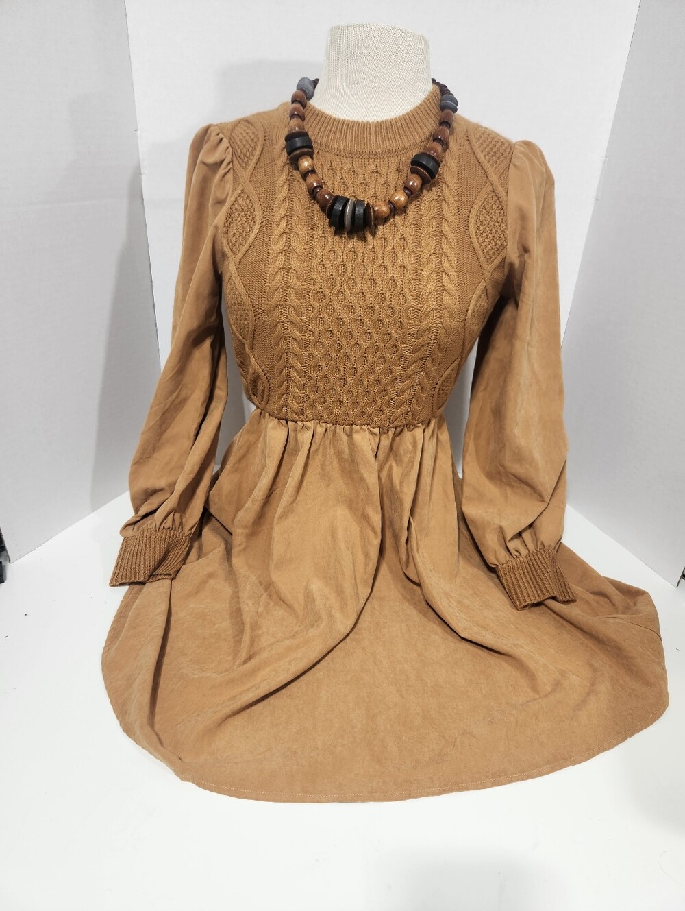 Hem & Thread Cable Knit Bodice Mini Dress in Tan